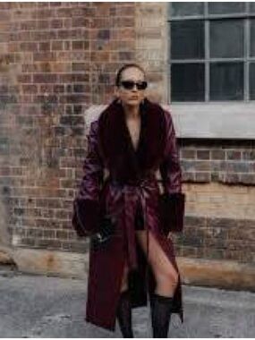 Meshki Burgundy Trench Coat with Faux Fur Collar